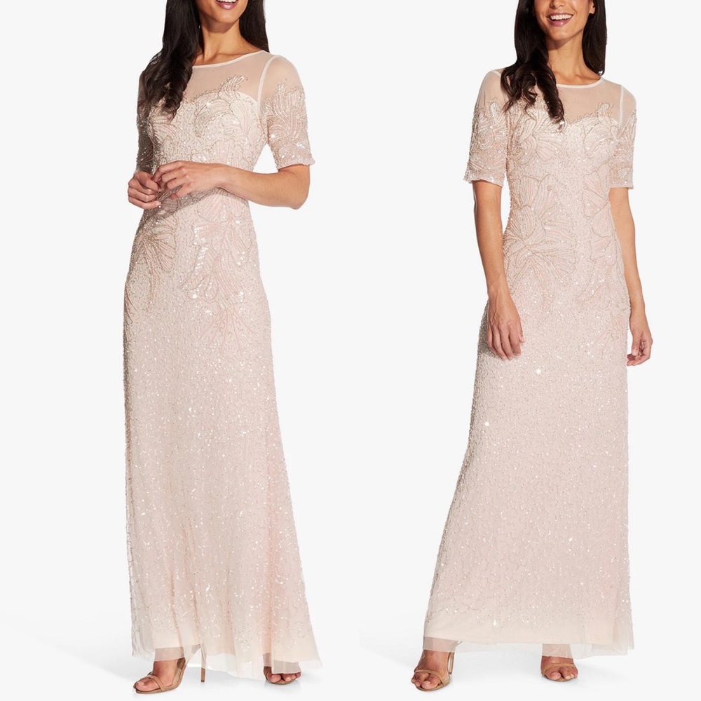 Adrianna Papell beaded elbow sleeves long gown - Picture 2 of 12